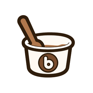 A small cup of bacio gelato with a wooden spoon and the bacio mark on the side